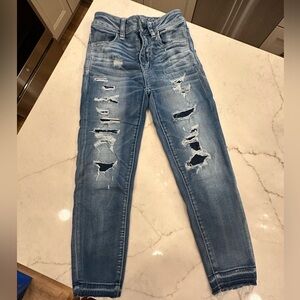 American Eagle Outfitters Blue Ankle Cropped Jeans with Distressed Details